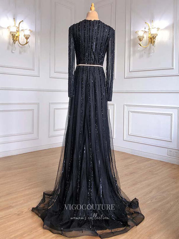 Prom Dress 2025 Beaded Long Sleeve Prom Dresses V-Neck Evening Dresses 21200-unique elegant Prom Dresses-Pink-US2-vigocouture