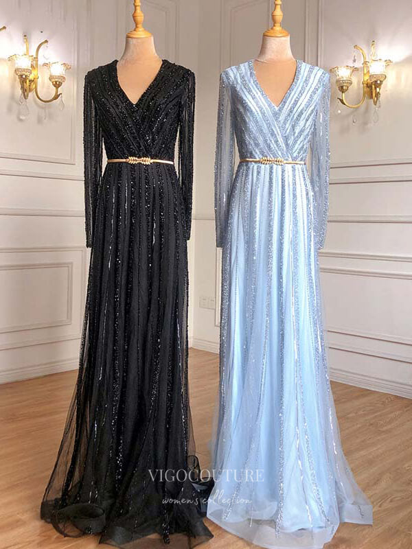 Prom Dress 2025 Beaded Long Sleeve Prom Dresses V-Neck Evening Dresses 21200-unique elegant Prom Dresses-Pink-US2-vigocouture