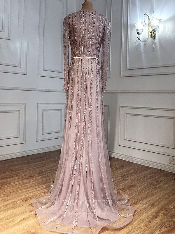 Prom Dress 2025 Beaded Long Sleeve Prom Dresses V-Neck Evening Dresses 21200-unique elegant Prom Dresses-Pink-US2-vigocouture