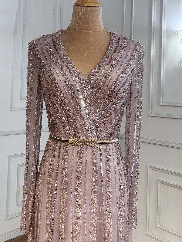 Prom Dress 2025 Beaded Long Sleeve Prom Dresses V-Neck Evening Dresses 21200-unique elegant Prom Dresses-Pink-US2-vigocouture