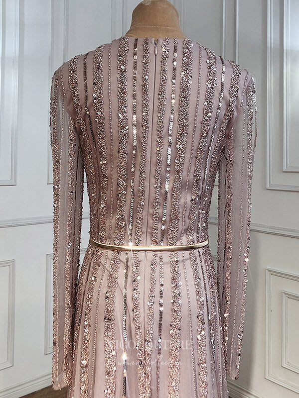 Prom Dress 2025 Beaded Long Sleeve Prom Dresses V-Neck Evening Dresses 21200-unique elegant Prom Dresses-Pink-US2-vigocouture