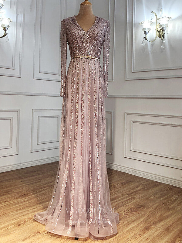 Prom Dress 2025 Beaded Long Sleeve Prom Dresses V-Neck Evening Dresses 21200-unique elegant Prom Dresses-Pink-US2-vigocouture