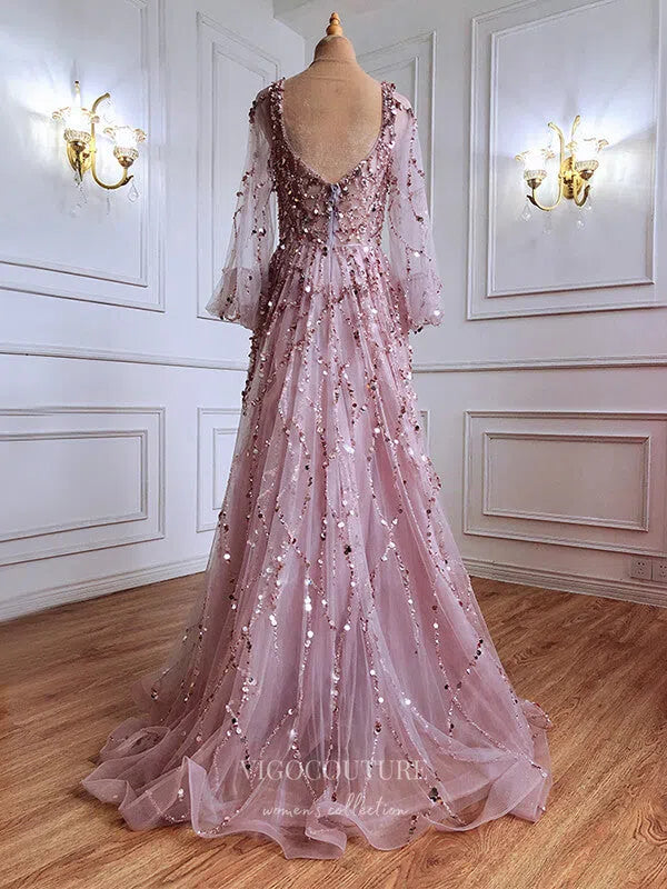 Prom Dress 2025 Beaded Long Sleeve Prom Dresses V-Neck Evening Dresses 21232-unique elegant Prom Dresses-Champagne-US2-vigocouture