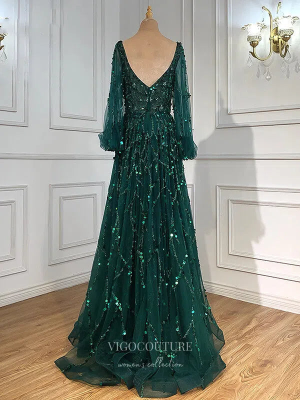 Prom Dress 2025 Beaded Long Sleeve Prom Dresses V-Neck Evening Dresses 21232-unique elegant Prom Dresses-Champagne-US2-vigocouture