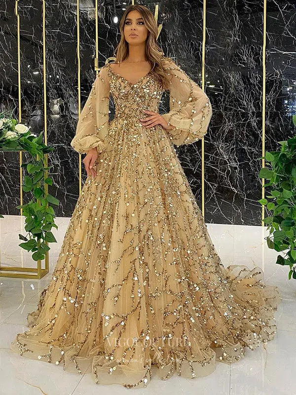 Prom Dress 2025 Beaded Long Sleeve Prom Dresses V-Neck Evening Dresses 21232-unique elegant Prom Dresses-Champagne-US2-vigocouture