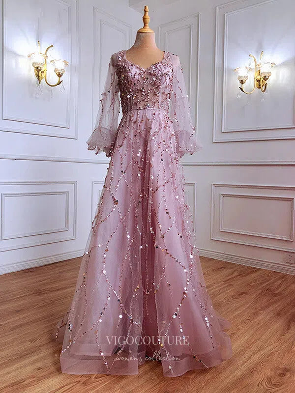 Prom Dress 2025 Beaded Long Sleeve Prom Dresses V-Neck Evening Dresses 21232-unique elegant Prom Dresses-Pink-US2-vigocouture