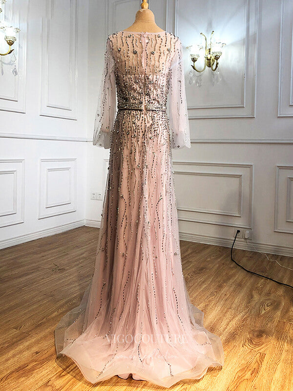 Prom Dress 2025 Beaded Long Sleeve Prom Dresses V-Neck Evening Dresses 21291-unique elegant Prom Dresses-Blush-US2-vigocouture