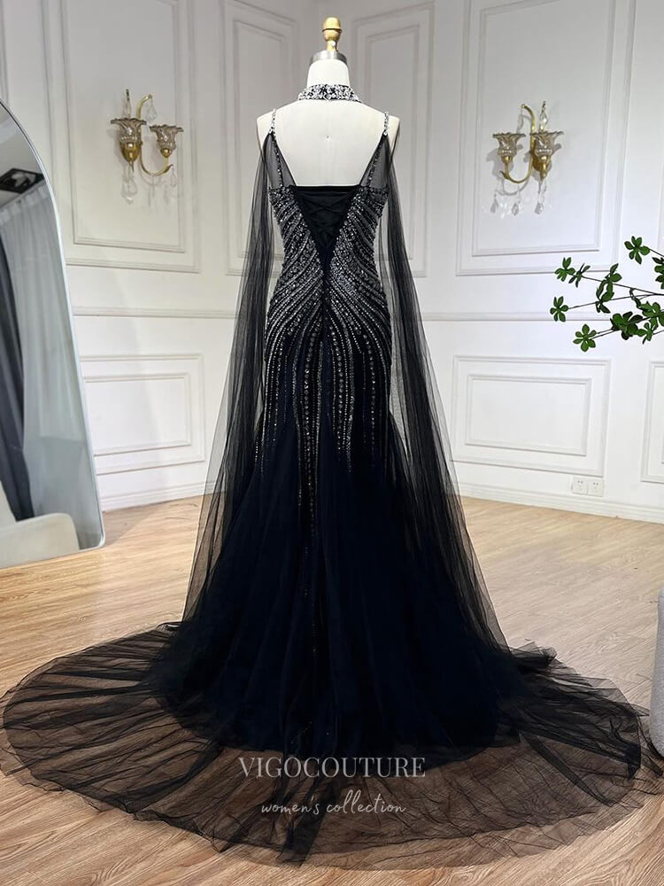 Prom Dress 2025 Beaded Mermaid Cape Sleeve Prom Dresses Spaghetti Strap Pageant Dress 24524-unique elegant Prom Dresses-Dark Blue-US2-vigocouture