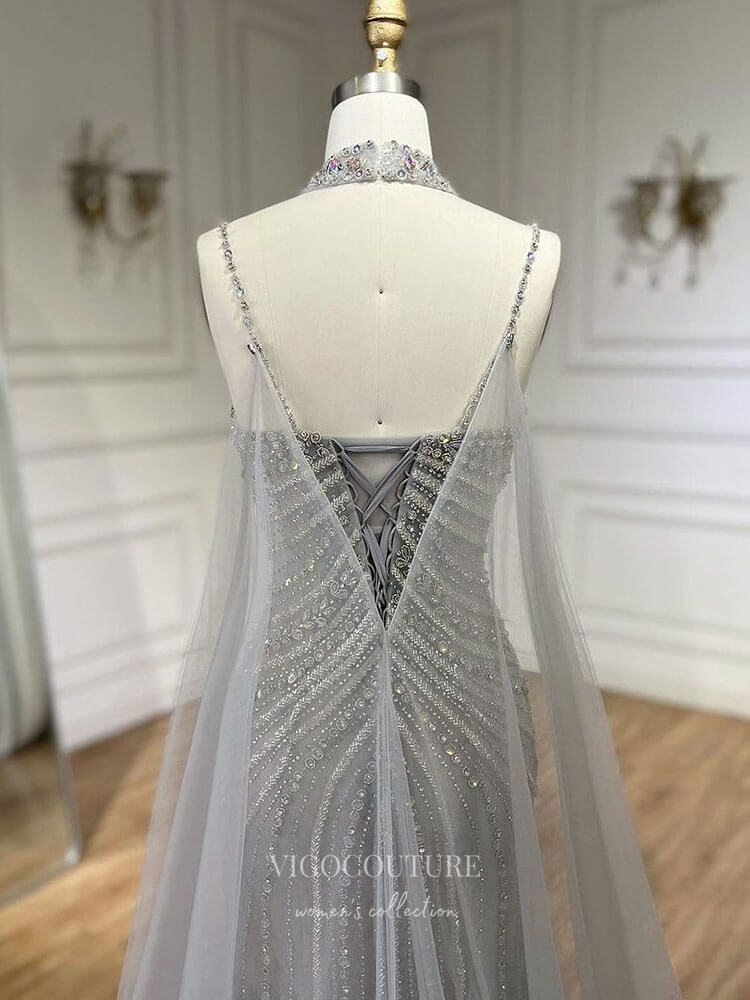 Prom Dress 2025 Beaded Mermaid Cape Sleeve Prom Dresses Spaghetti Strap Pageant Dress 24524-unique elegant Prom Dresses-Dark Blue-US2-vigocouture