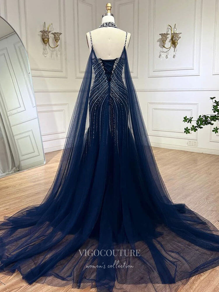 Prom Dress 2025 Beaded Mermaid Cape Sleeve Prom Dresses Spaghetti Strap Pageant Dress 24524-unique elegant Prom Dresses-Dark Blue-US2-vigocouture