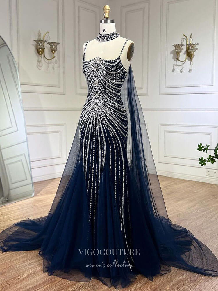 Prom Dress 2025 Beaded Mermaid Cape Sleeve Prom Dresses Spaghetti Strap Pageant Dress 24524-unique elegant Prom Dresses-Dark Blue-US2-vigocouture