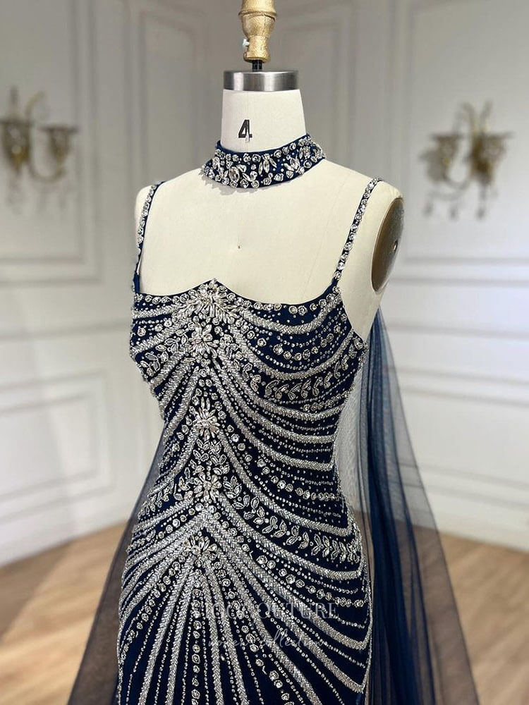 Prom Dress 2025 Beaded Mermaid Cape Sleeve Prom Dresses Spaghetti Strap Pageant Dress 24524-unique elegant Prom Dresses-Dark Blue-US2-vigocouture