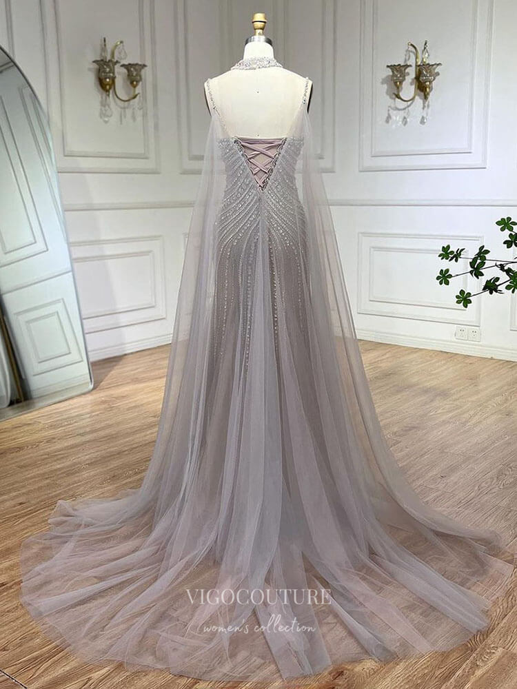 Prom Dress 2025 Beaded Mermaid Cape Sleeve Prom Dresses Spaghetti Strap Pageant Dress 24524-unique elegant Prom Dresses-Dark Blue-US2-vigocouture