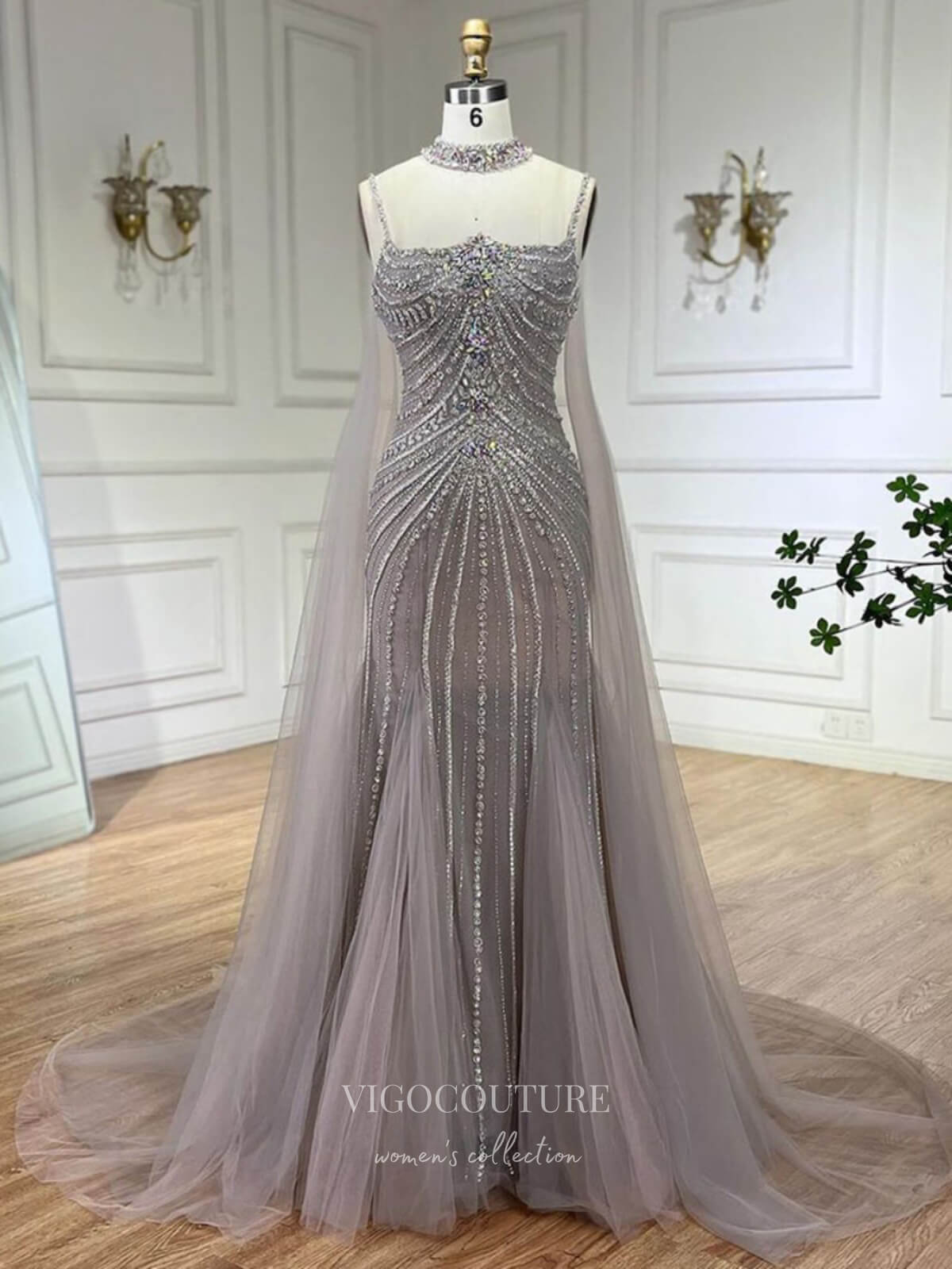 Prom Dress 2025 Beaded Mermaid Cape Sleeve Prom Dresses Spaghetti Strap Pageant Dress 24524-unique elegant Prom Dresses-Dusty Pink-US2-vigocouture