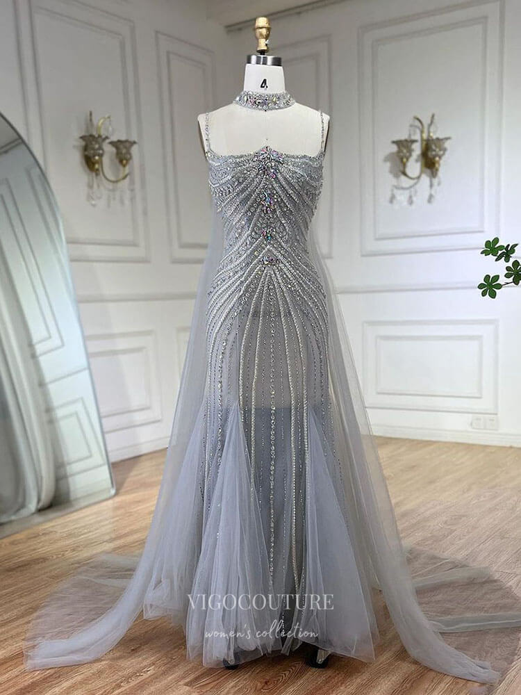 Prom Dress 2025 Beaded Mermaid Cape Sleeve Prom Dresses Spaghetti Strap Pageant Dress 24524-unique elegant Prom Dresses-Silver-US2-vigocouture