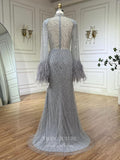 Prom Dress 2025 Beaded Mermaid Feather Long Sleeve Prom Dresses High Neck Pageant Dress 24520-unique elegant Prom Dresses-Khaki-US2-vigocouture