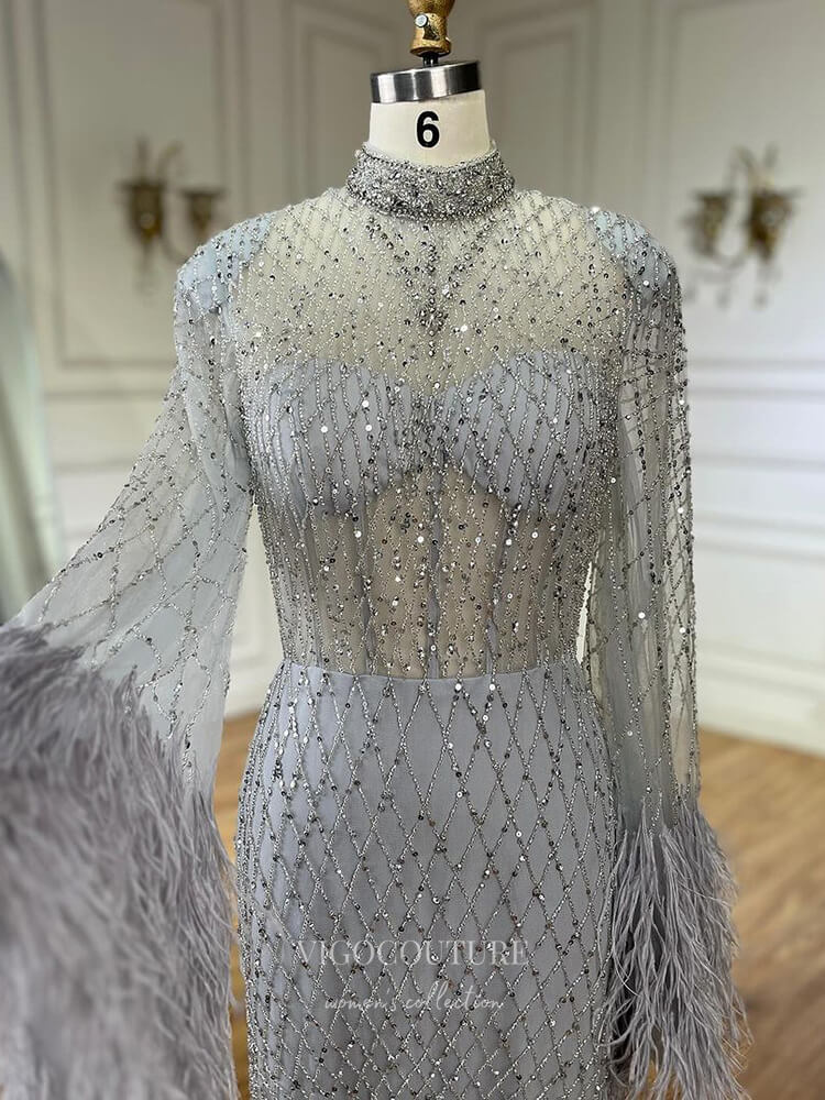 Prom Dress 2025 Beaded Mermaid Feather Long Sleeve Prom Dresses High Neck Pageant Dress 24520-unique elegant Prom Dresses-Khaki-US2-vigocouture