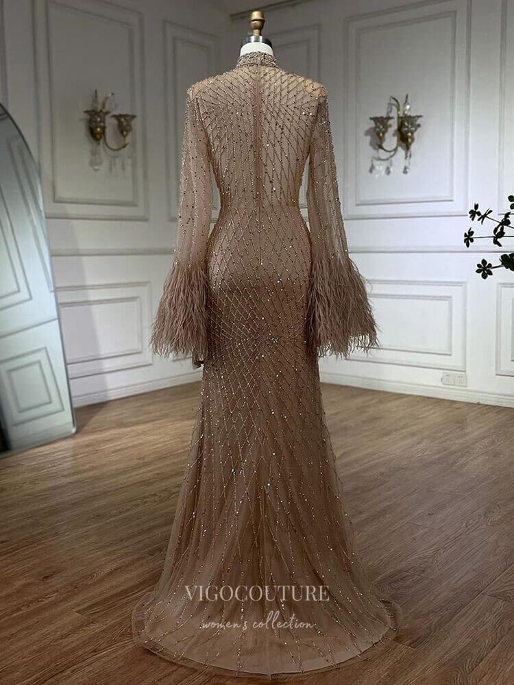 Prom Dress 2025 Beaded Mermaid Feather Long Sleeve Prom Dresses High Neck Pageant Dress 24520-unique elegant Prom Dresses-Khaki-US2-vigocouture