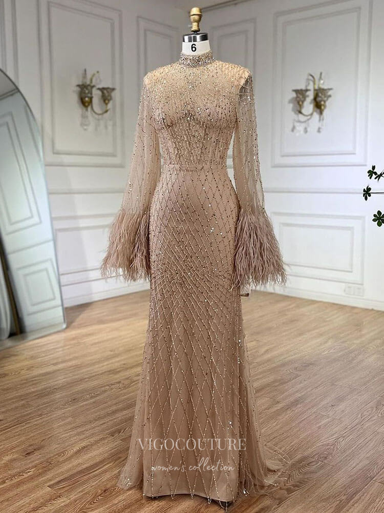 Prom Dress 2025 Beaded Mermaid Feather Long Sleeve Prom Dresses High Neck Pageant Dress 24520-unique elegant Prom Dresses-Khaki-US2-vigocouture