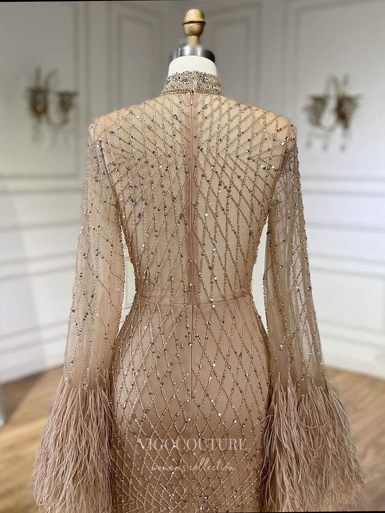 Prom Dress 2025 Beaded Mermaid Feather Long Sleeve Prom Dresses High Neck Pageant Dress 24520-unique elegant Prom Dresses-Khaki-US2-vigocouture