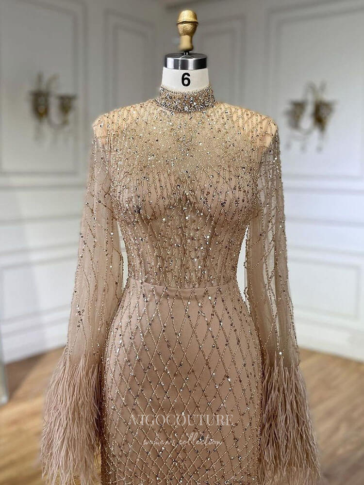 Prom Dress 2025 Beaded Mermaid Feather Long Sleeve Prom Dresses High Neck Pageant Dress 24520-unique elegant Prom Dresses-Khaki-US2-vigocouture