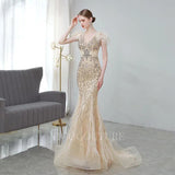 Prom Dress 2025 Beaded Mermaid Feather Prom Dresses 20038-unique elegant Prom Dresses-Champagne-US2-vigocouture