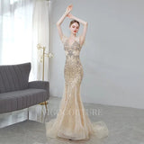 Prom Dress 2025 Beaded Mermaid Feather Prom Dresses 20038-unique elegant Prom Dresses-Champagne-US2-vigocouture