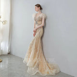 Prom Dress 2025 Beaded Mermaid Feather Prom Dresses 20038-unique elegant Prom Dresses-Champagne-US2-vigocouture