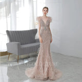 Prom Dress 2025 Beaded Mermaid Feather Prom Dresses 20038-unique elegant Prom Dresses-Champagne-US2-vigocouture