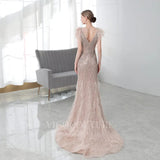 Prom Dress 2025 Beaded Mermaid Feather Prom Dresses 20038-unique elegant Prom Dresses-Champagne-US2-vigocouture