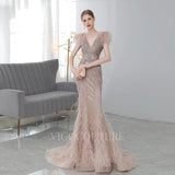 Prom Dress 2025 Beaded Mermaid Feather Prom Dresses 20038-unique elegant Prom Dresses-Champagne-US2-vigocouture