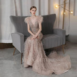 Prom Dress 2025 Beaded Mermaid Feather Prom Dresses 20038-unique elegant Prom Dresses-Champagne-US2-vigocouture