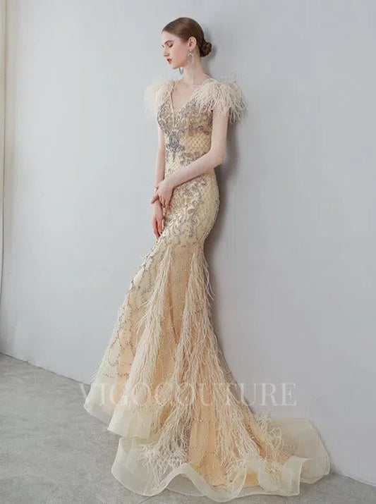 Prom Dress 2025 Beaded Mermaid Feather Prom Dresses 20038-unique elegant Prom Dresses-Champagne-US2-vigocouture