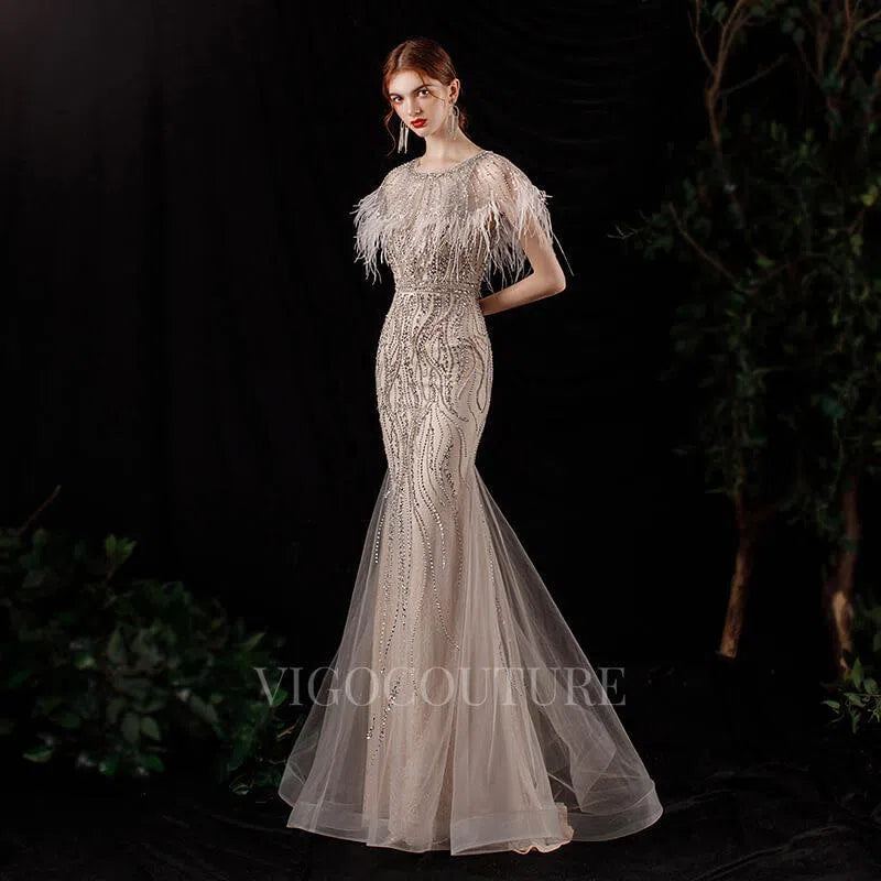 Prom Dress 2025 Beaded Mermaid Feather Prom Dresses 20129-unique elegant Prom Dresses-Khaki-US2-vigocouture