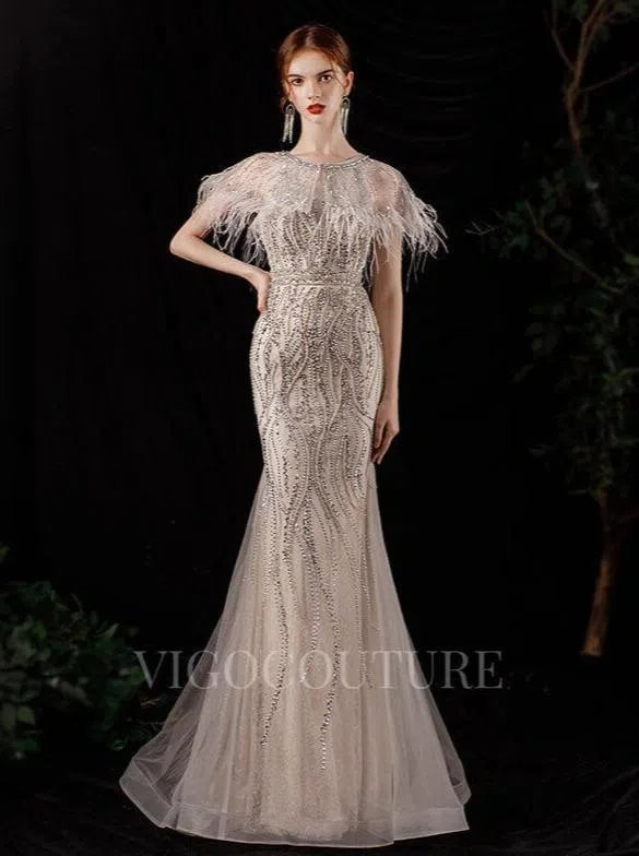 Prom Dress 2025 Beaded Mermaid Feather Prom Dresses 20129-unique elegant Prom Dresses-Khaki-US2-vigocouture