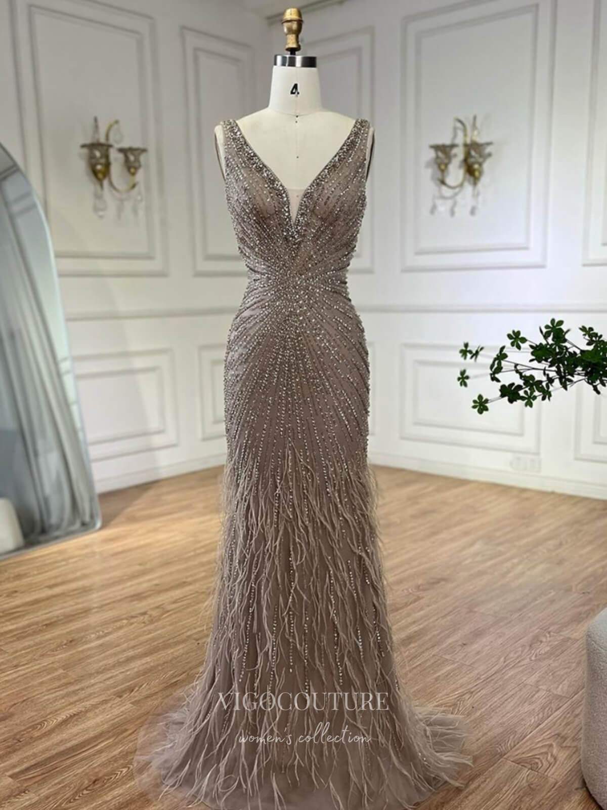 Prom Dress 2025 Beaded Mermaid Feather Prom Dresses V-Neck Pageant Dress 24523-unique elegant Prom Dresses-Khaki-US2-vigocouture