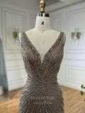 Prom Dress 2025 Beaded Mermaid Feather Prom Dresses V-Neck Pageant Dress 24523-unique elegant Prom Dresses-Khaki-US2-vigocouture