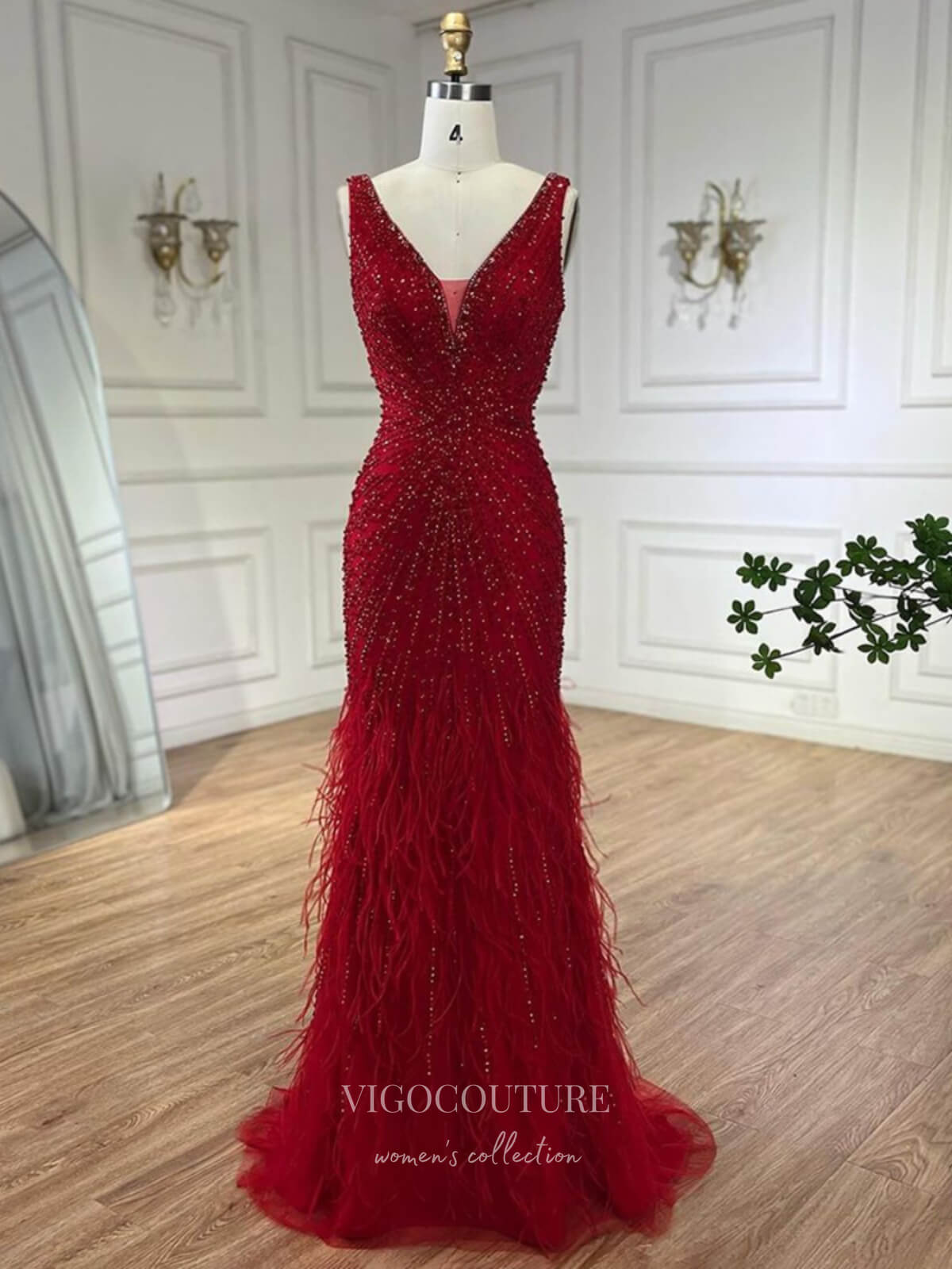 Prom Dress 2025 Beaded Mermaid Feather Prom Dresses V-Neck Pageant Dress 24523-unique elegant Prom Dresses-Red-US2-vigocouture