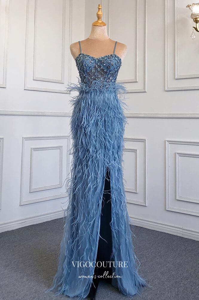 Prom Dress 2025 Beaded Mermaid Formal Dresses Feather Spaghetti Strap Prom Dress 21626-unique elegant Prom Dresses-Blue-US2-vigocouture