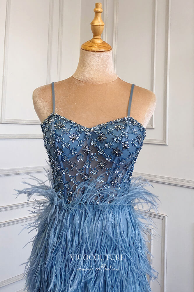 Prom Dress 2025 Beaded Mermaid Formal Dresses Feather Spaghetti Strap Prom Dress 21626-unique elegant Prom Dresses-Blue-US2-vigocouture