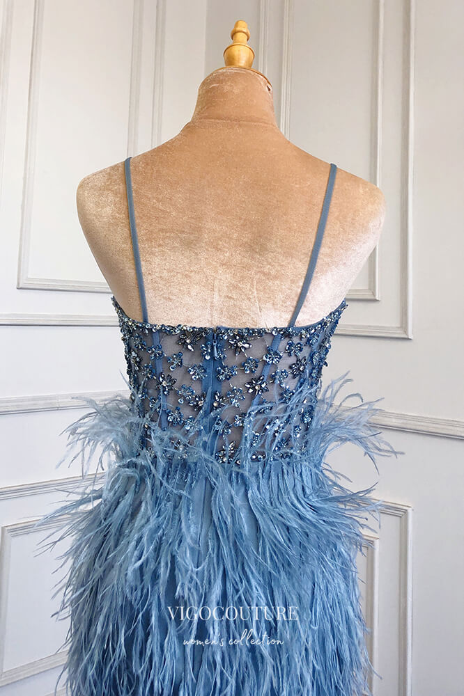 Prom Dress 2025 Beaded Mermaid Formal Dresses Feather Spaghetti Strap Prom Dress 21626-unique elegant Prom Dresses-Blue-US2-vigocouture