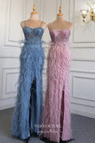 Beaded Mermaid Formal Dresses Feather Spaghetti Strap Prom Dress 21626