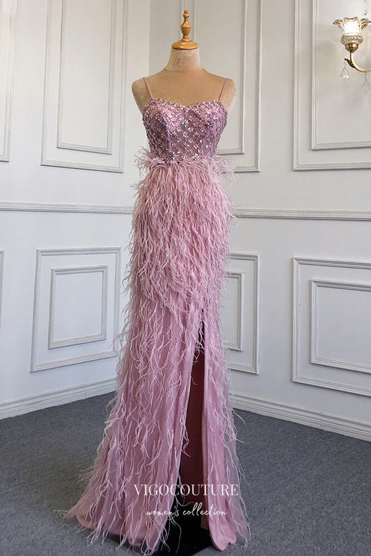 Prom Dress 2025 Beaded Mermaid Formal Dresses Feather Spaghetti Strap Prom Dress 21626-unique elegant Prom Dresses-Pink-US2-vigocouture