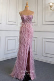 Prom Dress 2025 Beaded Mermaid Formal Dresses Feather Spaghetti Strap Prom Dress 21626-unique elegant Prom Dresses-Pink-US2-vigocouture