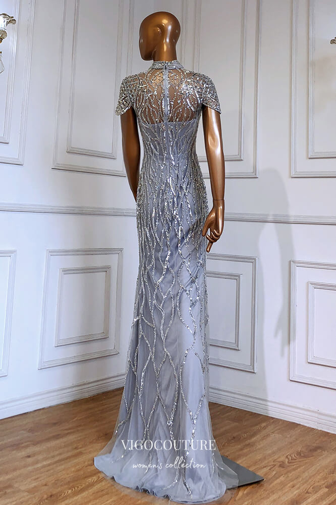 Prom Dress 2025 Beaded Mermaid Formal Dresses High Neck Cap Sleeve Prom Dress 21627-unique elegant Prom Dresses-Silver-US2-vigocouture