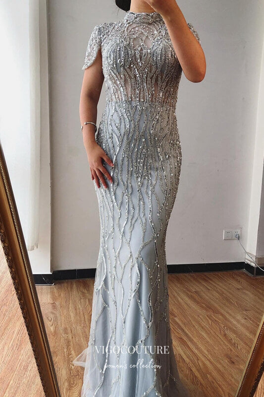 Prom Dress 2025 Beaded Mermaid Formal Dresses High Neck Cap Sleeve Prom Dress 21627-unique elegant Prom Dresses-Silver-US2-vigocouture