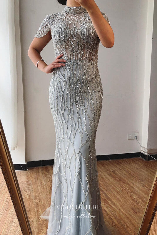 Prom Dress 2025 Beaded Mermaid Formal Dresses High Neck Cap Sleeve Prom Dress 21627-unique elegant Prom Dresses-Silver-US2-vigocouture