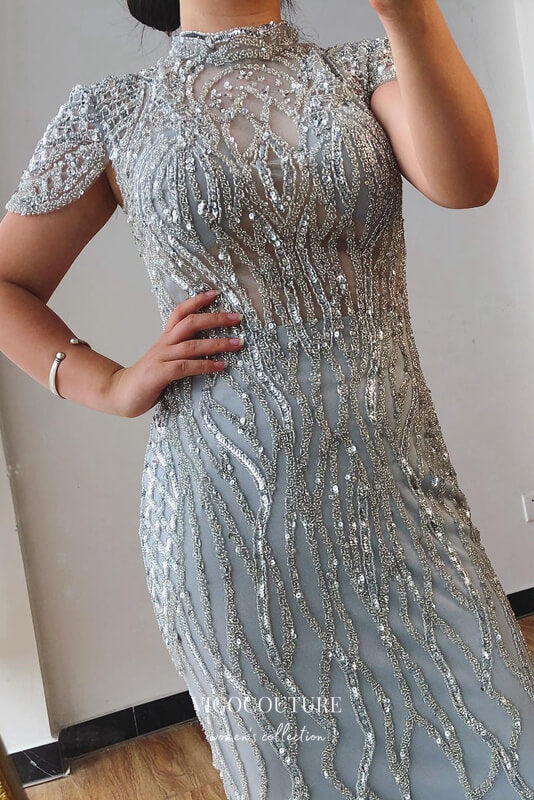 Prom Dress 2025 Beaded Mermaid Formal Dresses High Neck Cap Sleeve Prom Dress 21627-unique elegant Prom Dresses-Silver-US2-vigocouture