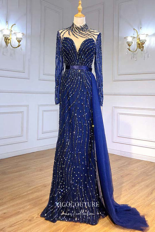 Prom Dress 2025 Beaded Mermaid Formal Dresses Long Sleeve High Neck Prom Dress 21619-unique elegant Prom Dresses-Blue-US2-vigocouture