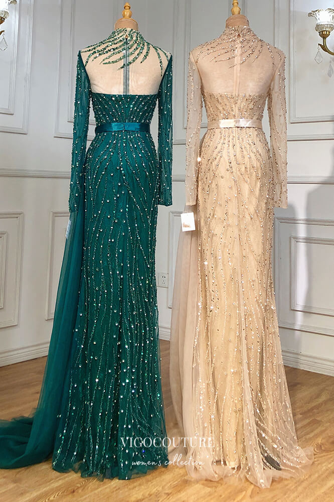 Prom Dress 2025 Beaded Mermaid Formal Dresses Long Sleeve High Neck Prom Dress 21619-unique elegant Prom Dresses-Green-US2-vigocouture